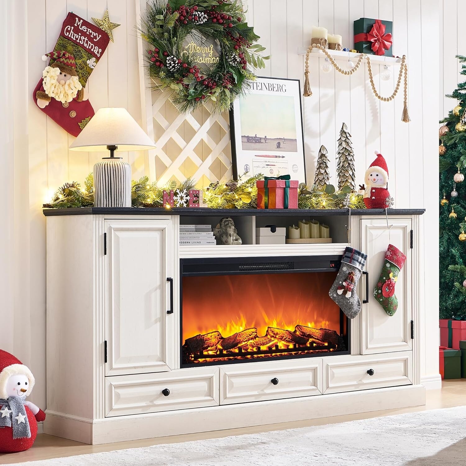 Farmhouse Fireplace TV Stand for 80 Inch TV, Entertainment Center