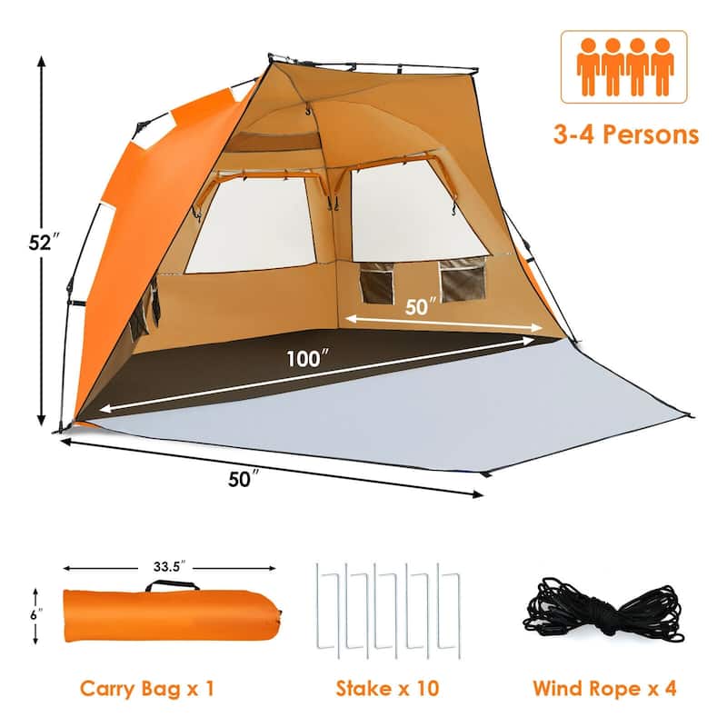 Beach Tent with Front Porch UPF 50+ Sun Shelter for 3-4 People - 100" x 50" x 52" (L x W x H)