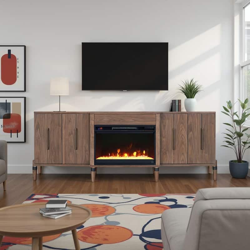 Bridgevine Home Tranquility 78 inch Fireplace TV Stand for TVs up to 90 inches, Minimal Assembly, Walnut Finish - Walnut