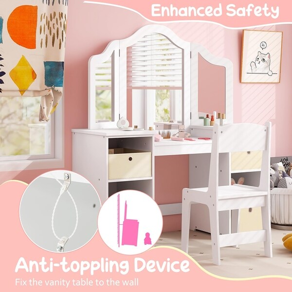 Kids Vanity 2 in 1 Princess Makeup Desk Chair Set with Mirror 4 Storage Bins Wooden Toddler Pretend Play Vanity Set Bed Bath Beyond 42387975