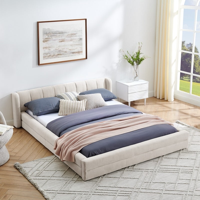 Queen-Sized Chenille Upholstered Bed with Headboard and Solid Frame.