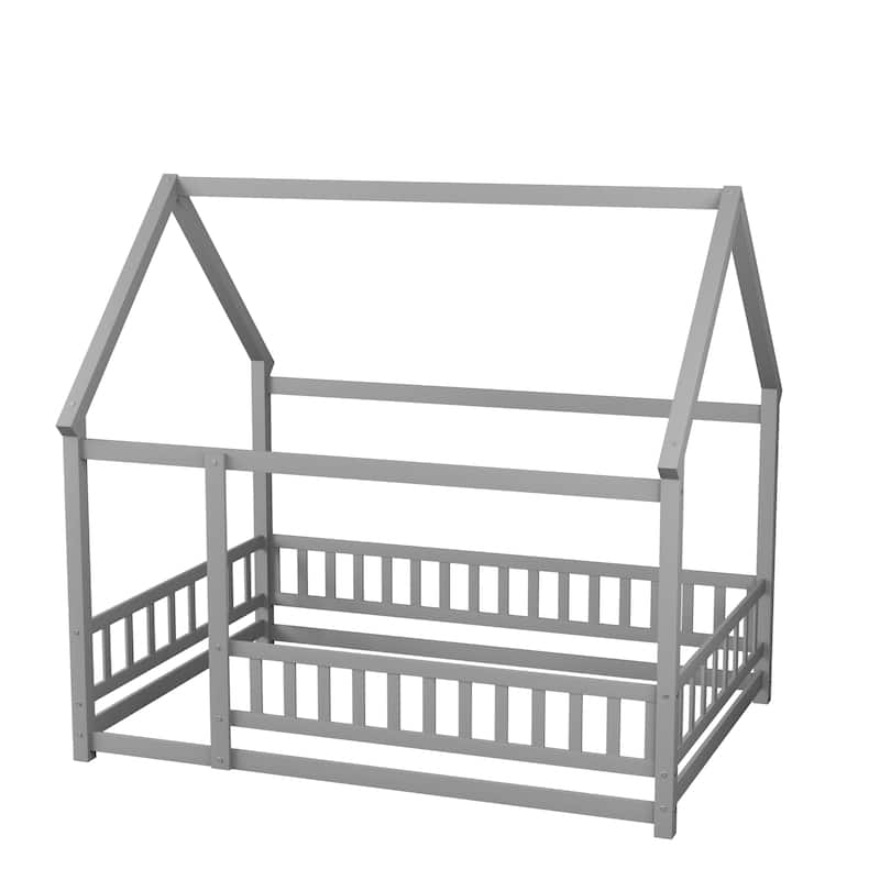 Floor Wooden Bed with House Roof Frame