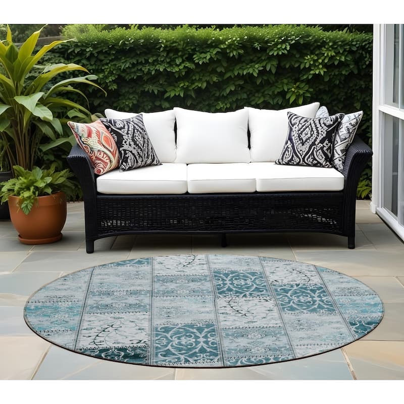 Alfifi Patchwork Weather Resistant Timeless Fusion Round Outdoor Rug - 8' Round - Teal