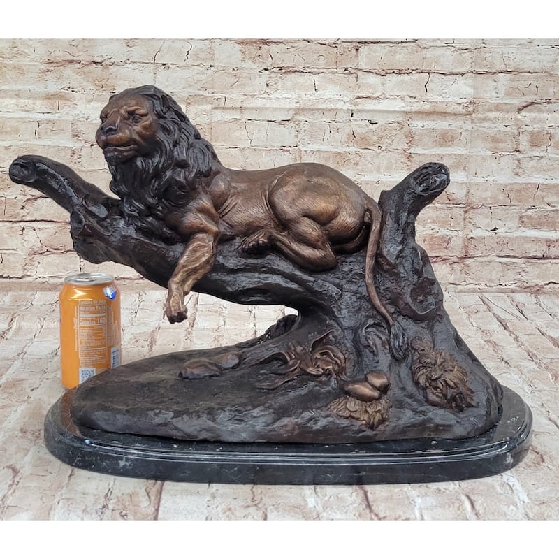 Lion Resting On A Branch - Bronze Sculpture Statue Wildlife Decor By J. Moigniez