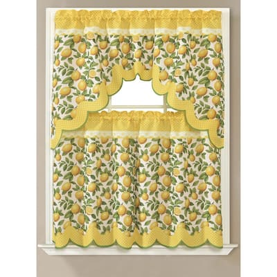 Lemon Printed Kitchen Curtain Set, Yellow, Swag Valance 60x36, Tiers 30x36 Inches - 60x36, Tiers 30x36 Inches