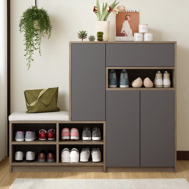 2-in-1 Shoe Storage Bench with Cushion, Handleless Rebound Doors, Adjustable Shelves, Brown Entryway Cabinet 55.1" W - Dark Grey