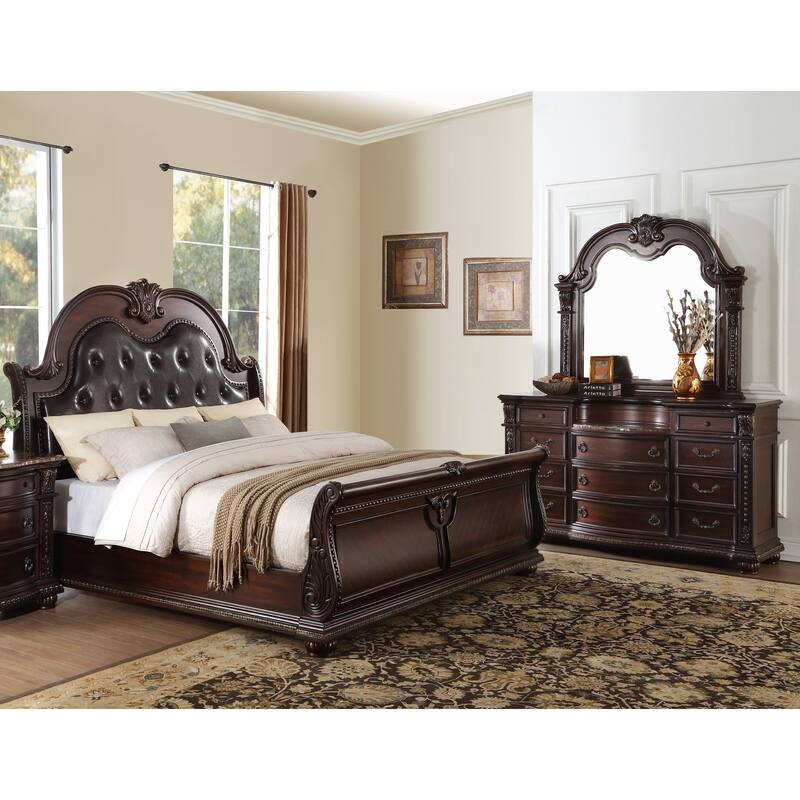 Traditional Design 3-Piece Bedroom Set Formal Tufted Bed Dresser Mirror Dark Cherry Finish