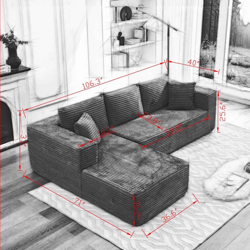 106" Corduroy Upholstery L-Shaped Cloud Modular Sectional Sofa with Chaise and Pillows, All-Foam Compression Design