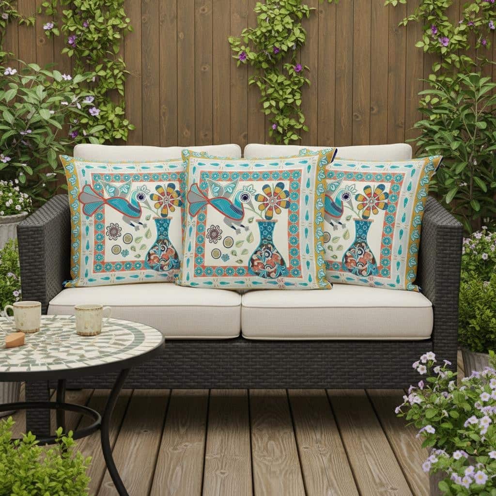 HomeRoots Set of Three 16" X 16" Blue and Gold Peacock Blown Seam Floral Indoor Outdoor Throw Pillow - 16.00' X '16.00' X '5.00