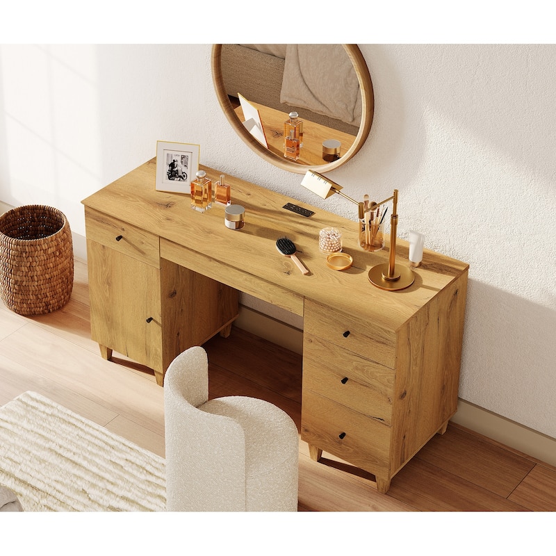 58" Wooden Vanity Desk with Storage Cabinet and Charging Station for Girls, Vanity Dressing Table for Bedroom