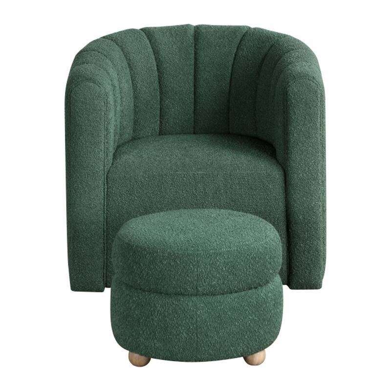 Noa Swivel Chair and Ottoman, Channel Tufted Curved, Sea Green Boucle