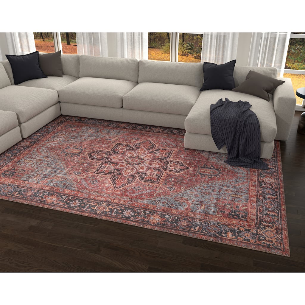 Domani Grove Machine Washable Distressed Oriental Red Medallion Area Rug