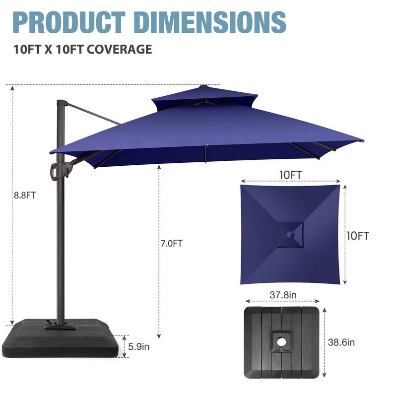 VredHom Double Top 10x10 FT Square Patio Cantilever Umbrella with Weight Base