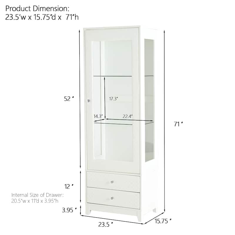 71" 3-Side Glass Display Cabinet, Display Shelf with Storage Drawers 3-Tier Curio Cabinet with LED Light for Collectibles