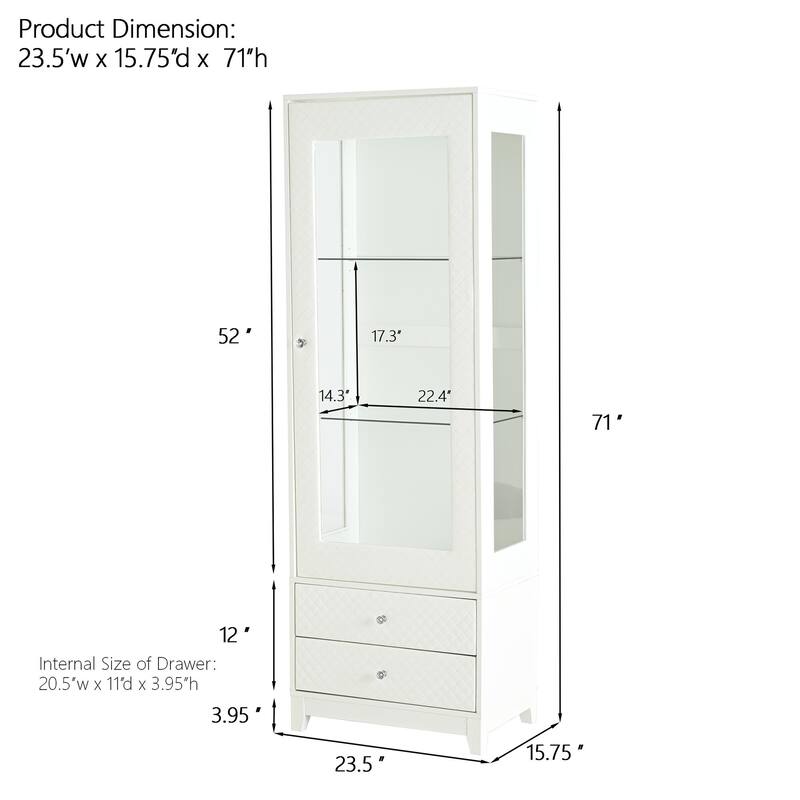 71'' Freestanding Display Cabinet with Storage Drawers, Upholstered Pantry with Ceiling Light,with Adjustable Shelves - White