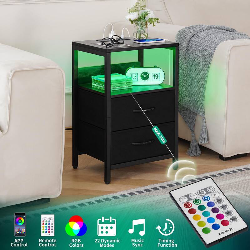 Nightstand with Charging Station,LED Night Stand with Fabric Drawers and Storage Shelf,Nightstands Bedside Tables with USB Ports