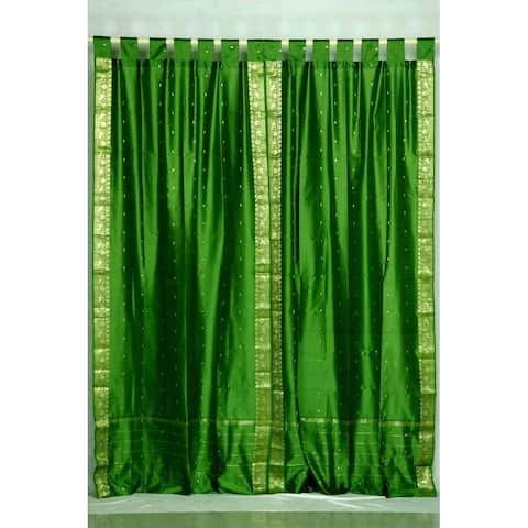 Indo Forest Green Tab Top Sari Sheer Curtain 43 in. x 84 in. - Piece - 43 X 84 Inches (109 X 213 Cms)
