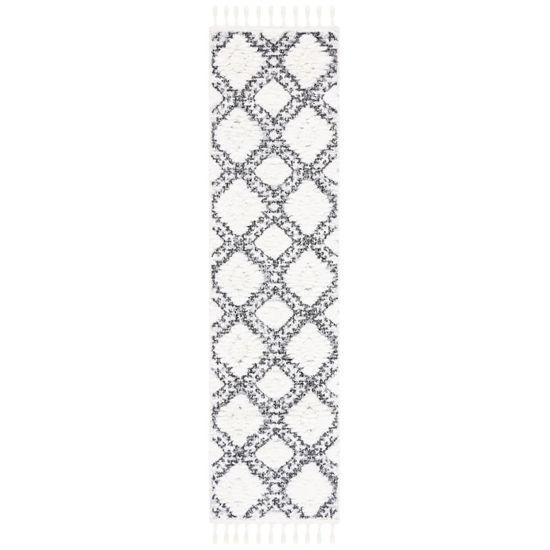 SAFAVIEH Moroccan Tassel Shag Marianne 2-inch Thick Rug - 2'3" x 8' Runner - Ivory/Grey