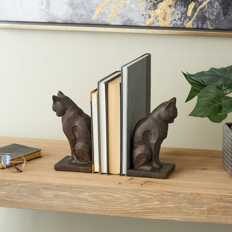 Resin Cat Frowning Bookends with Copper Accents - Set of 2 Dark Brown - Roche River Decor - 3"W x 5"L x 8"H