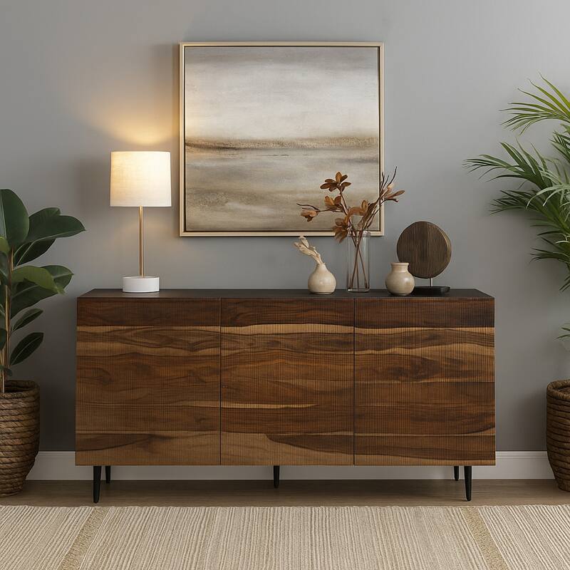Sideboard Cabinet Console, 3 Grooved Brown Sheesham Wood 64 Inch