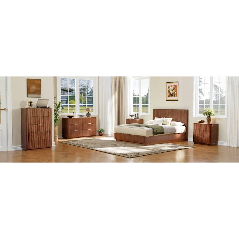 Low Profile Bed Frame with High Headboard, LED Light Strip Under Bed, Wooden Corrugated Curved Platform Bed, Metal Frame Support