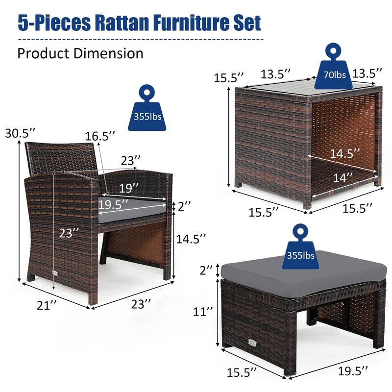 Costway 5PCS Patio Rattan Wicker Furniture Set Sofa Ottoman Cushion