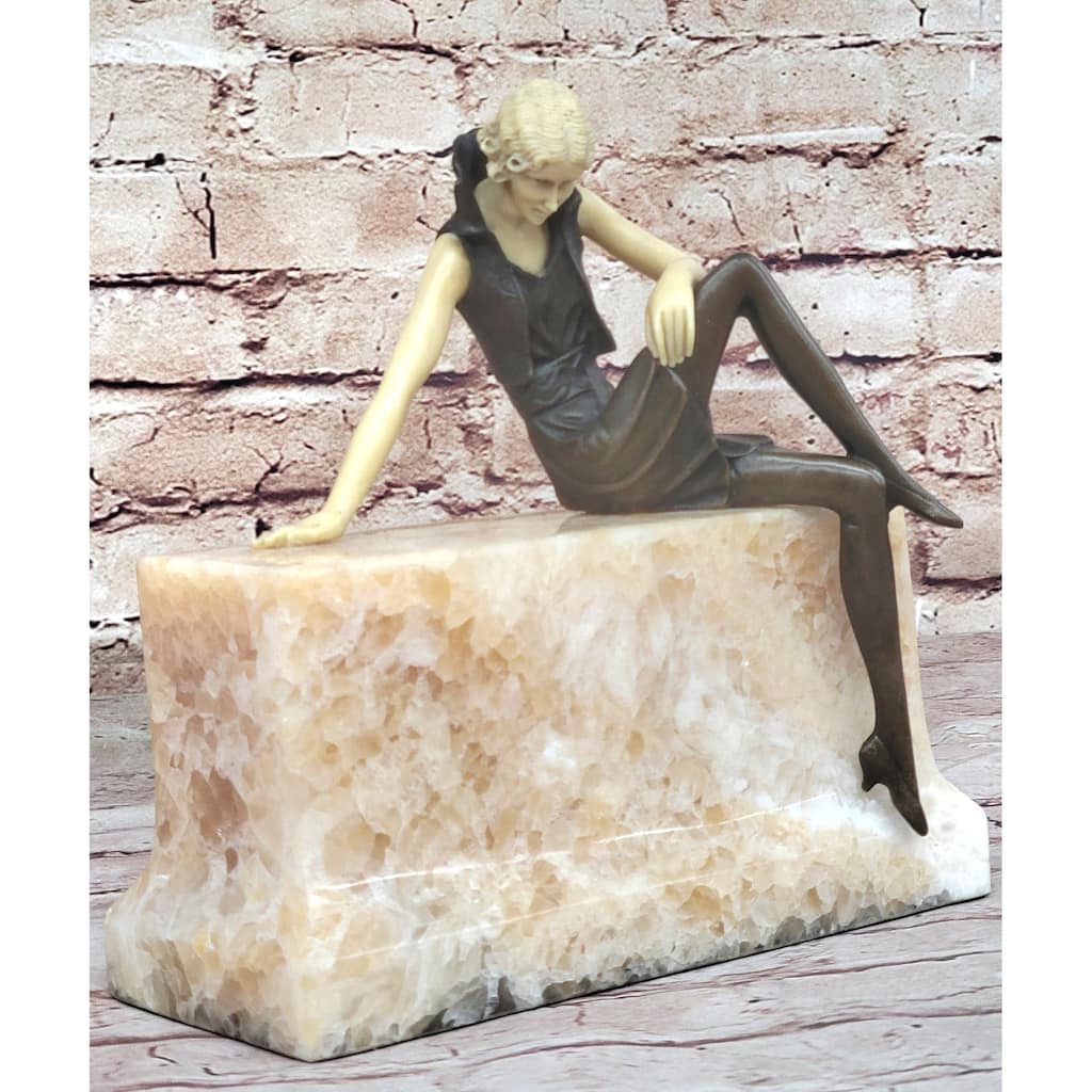 Art Deco Fashion Model Flapper Girl Bronze Figurine Statue Sculpture Marble Base