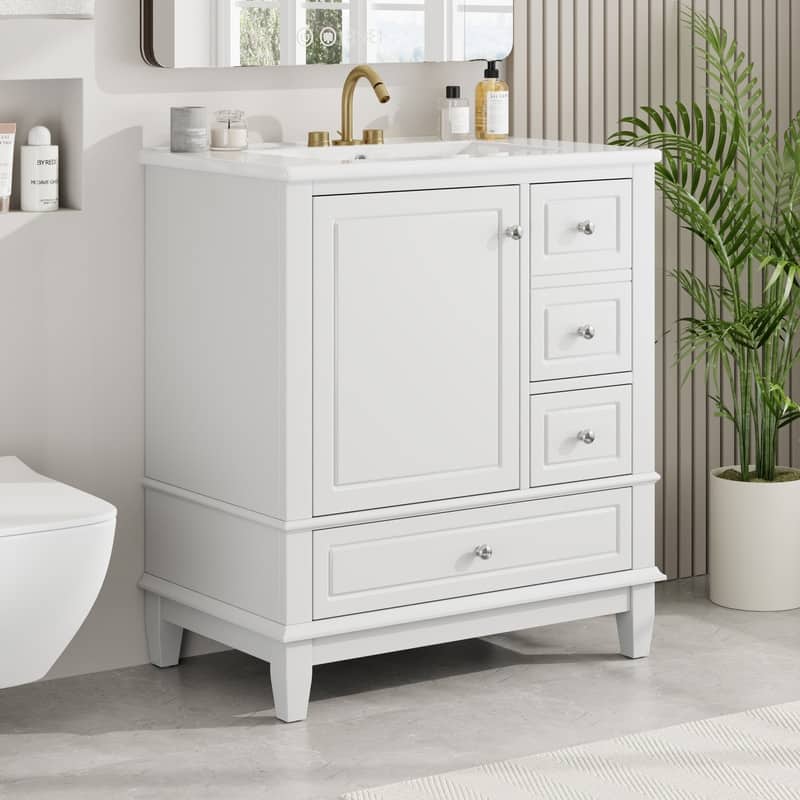 30-Inch Bathroom Vanity With Sink, One Door With Shelf And Three Drawers, Soft-Close Door. - 30" - White