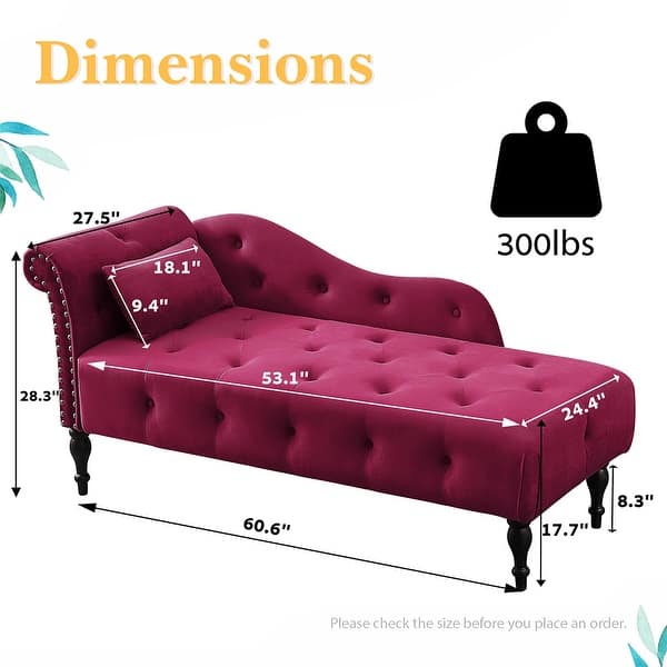 dimension image slide 4 of 5, 60"W Velvet Chaise Lounge, Tufted with Pillow & Nailhead Decorate - 60.6W" x 27.5D" x 28.3"H