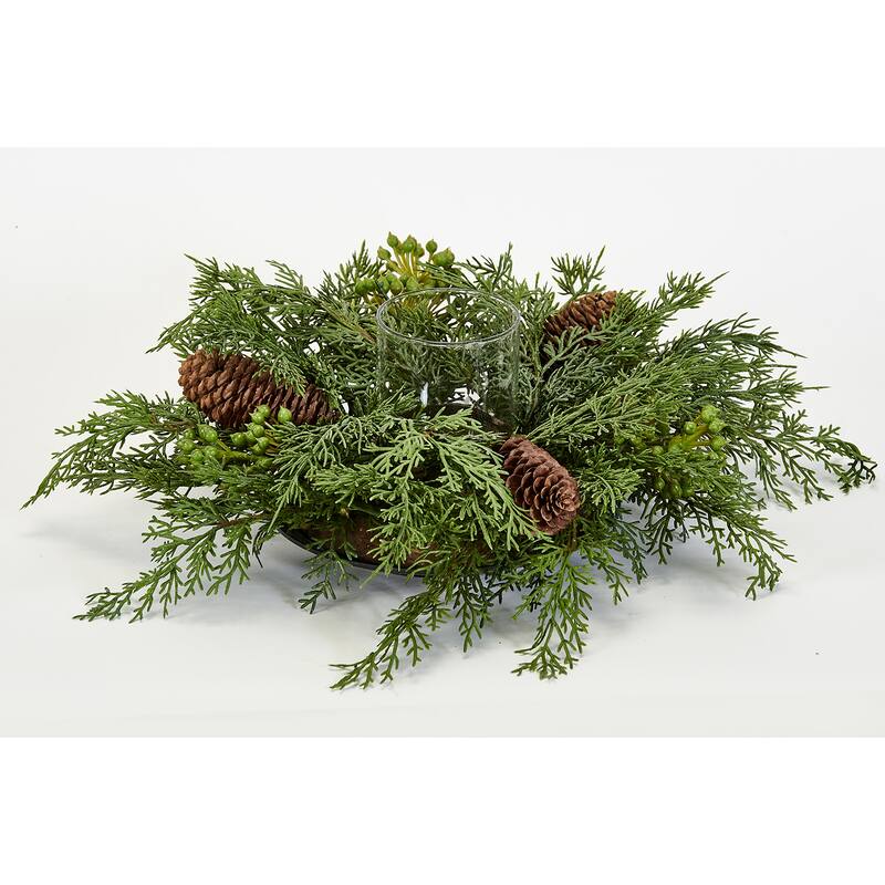 15" Artificial Real Look Cypress Pine Cone Candle Holder Christmas Centerpiece - 15