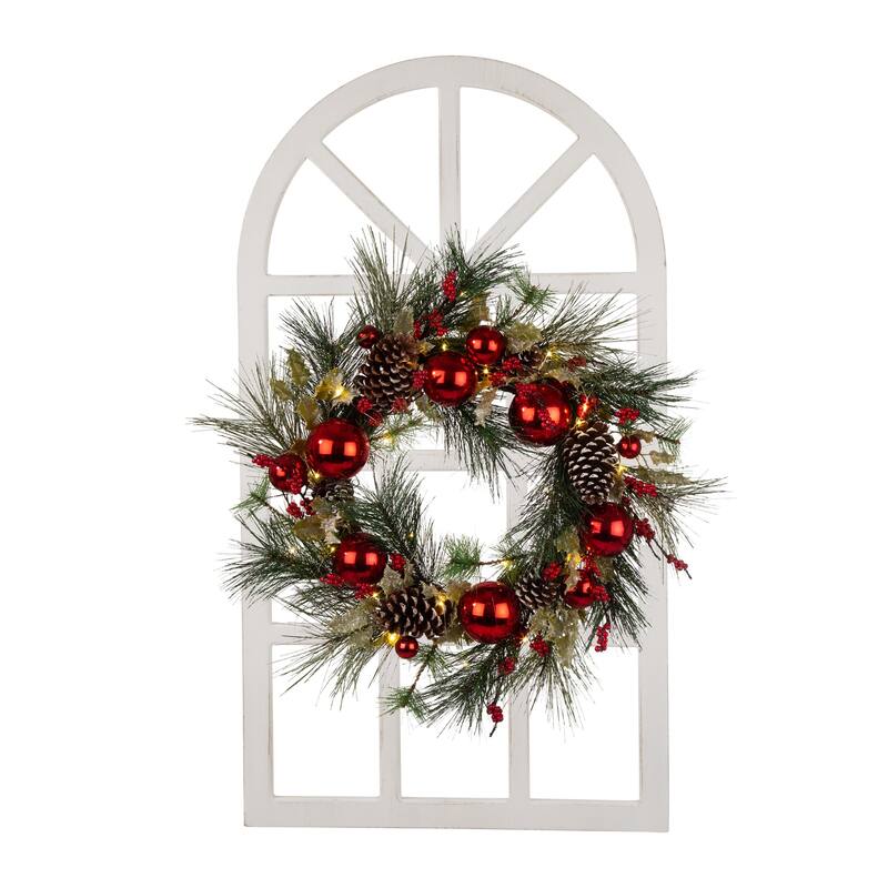 Glitzhome 24"D Lit Frosted Ball Berry Holly Pine Pinecone Wreath With Lights
