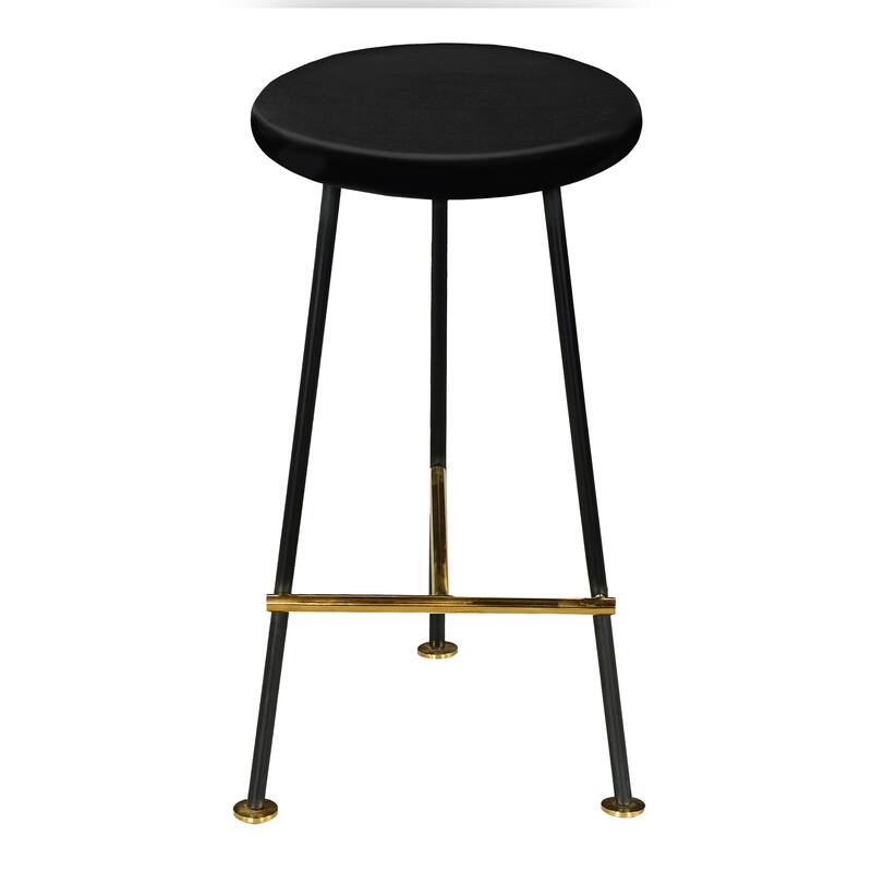 Elira 24 Inch Backless Counter Barstool with Round Mango Wood Seat. Black Iron Legs, Gold Footrest