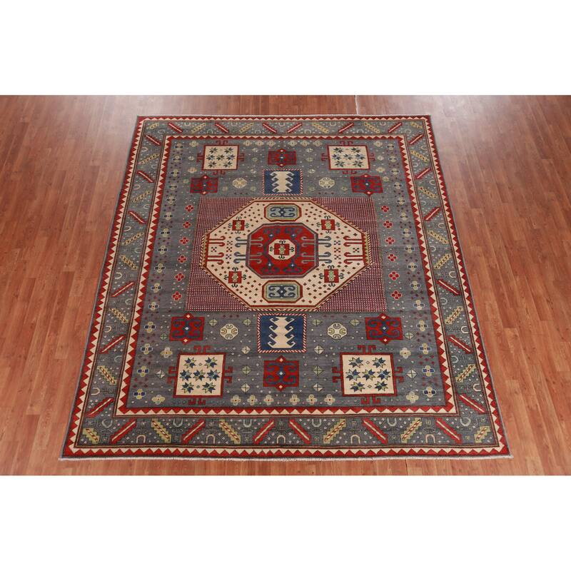 Hand Knotted Oriental 100% Wool Carpet Traditional Medallion Greys & Charcoal Kazak Area Rug - 9' 3'' X 8' 3''