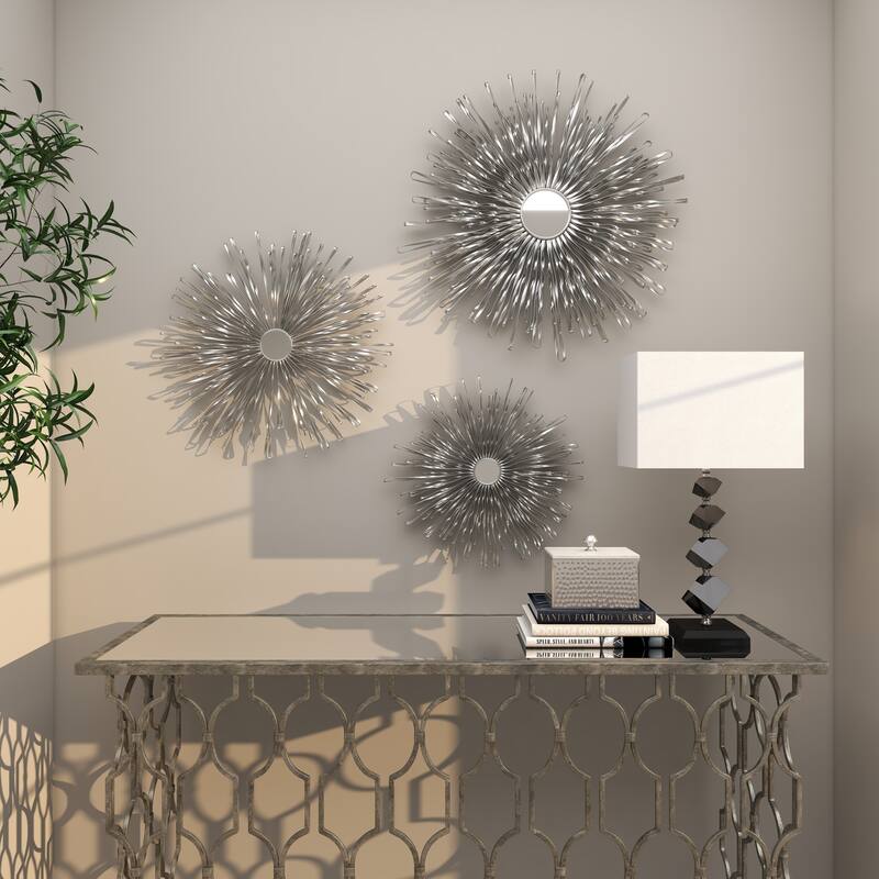 Metal Sunburst 3D Looped Home Wall Decor with Mirror Accent - Set of 3 Gold or Silver - Roche River Decor