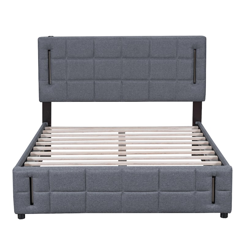 Queen Size Upholstered Bed with Hydraulic Storage System and LED Light ...