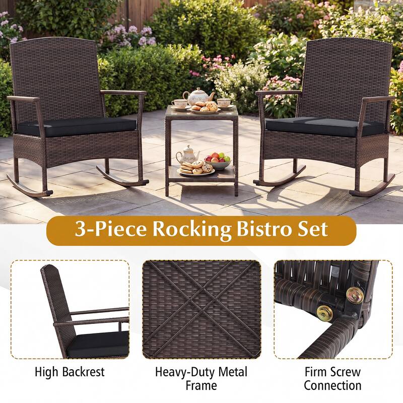 Gymax 3 Piece Patio Rocking Bistro Set 2 Rattan Armchairs w/ 2-Tier