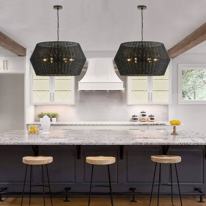 Matte Black 6-Light Natural Handwoven Rattan Pendant Lighting Fixture