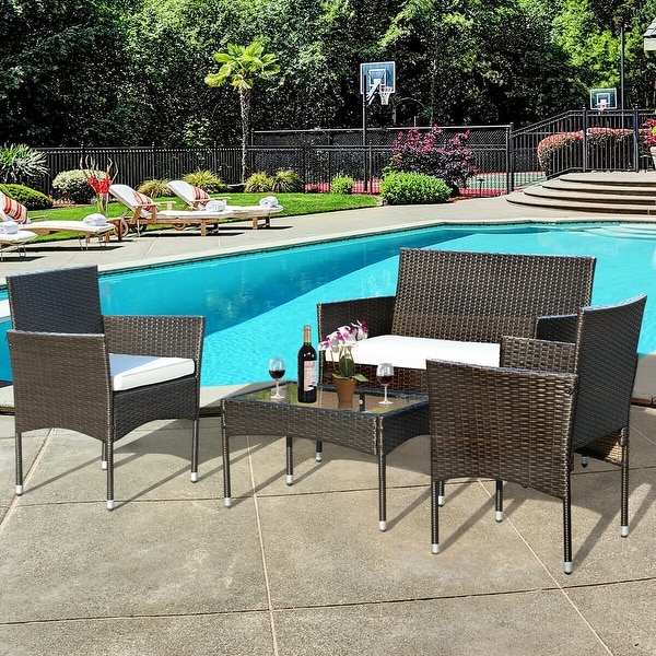 Shop 4 pcs Patio Rattan Wicker Furniture Set Cushioned Chair - Overstock - 30089971