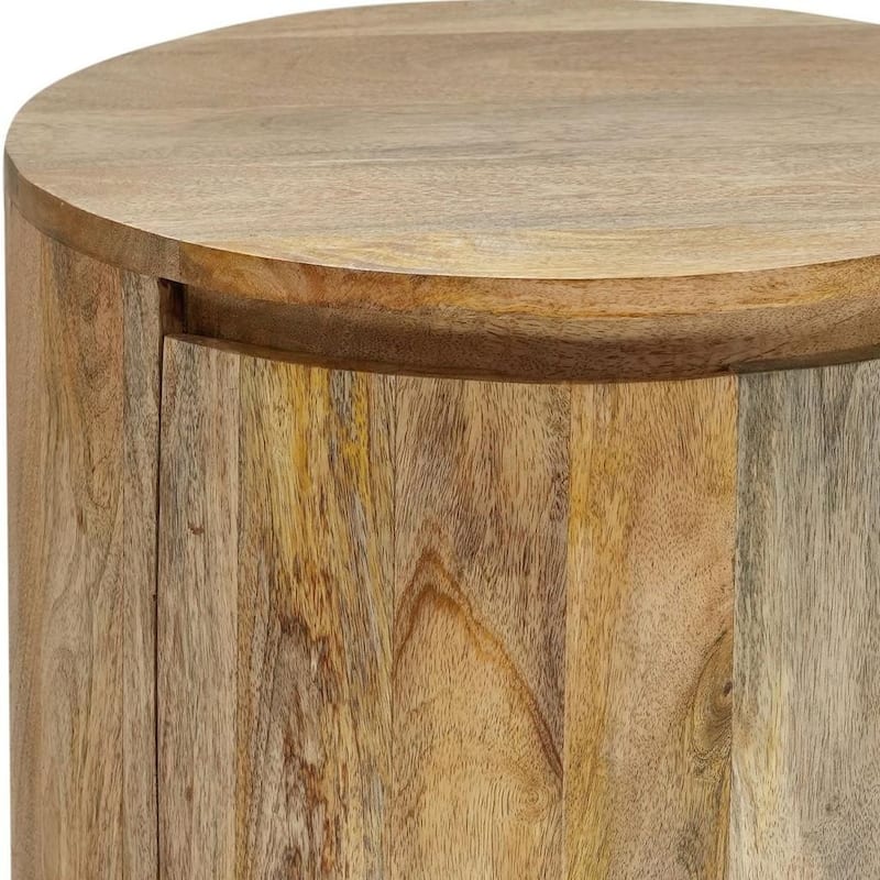 HomeRoots 24" Natural Solid Wood Round Drum End Table With Two Drawers - 18 in. x 24 in. x 18 in.