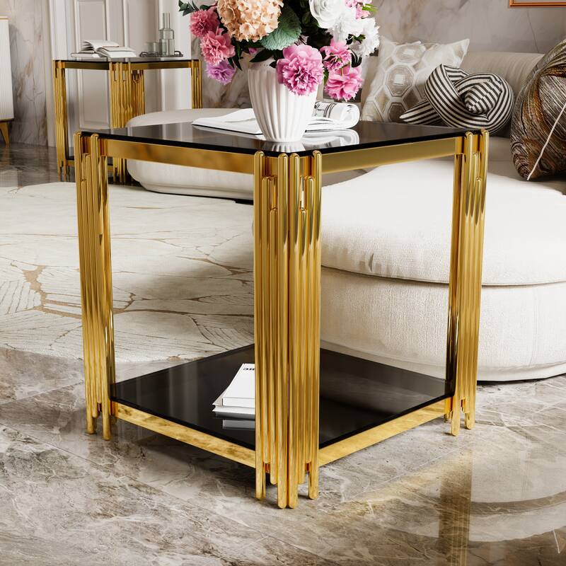 19.9" Modern Transparent Glass End Table for Living Room, Square,Asymmetrical Metal, Gold Finish & Lower Shelf