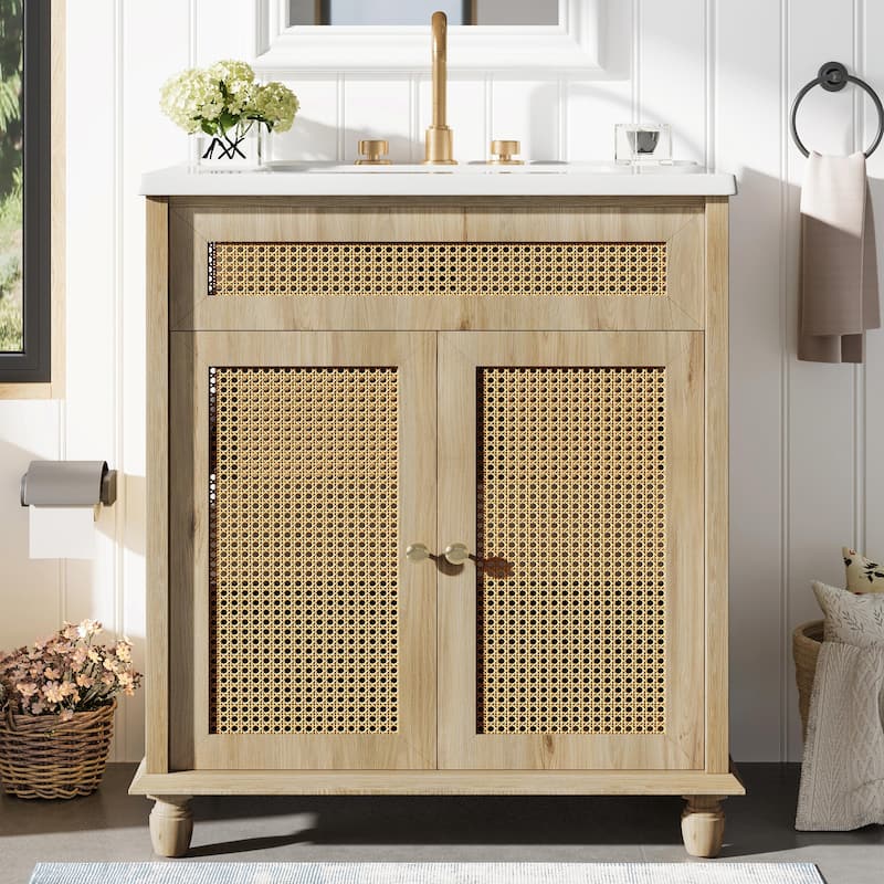 30-Inch Bathroom Vanity with Handwoven Rattan Doors, Solid Wood Legs & Resin Basin - Natural