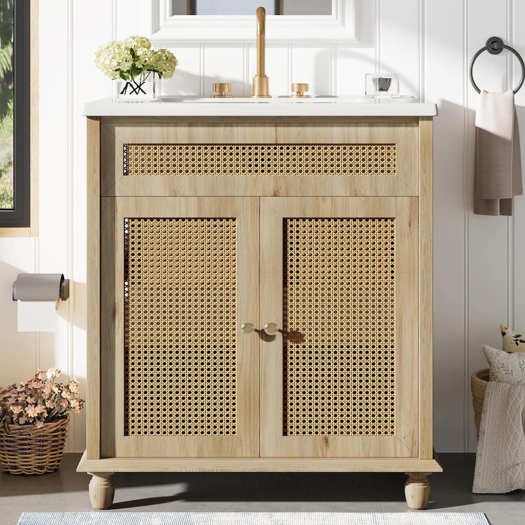 30-Inch Bathroom Vanity with Handwoven Rattan Doors, Solid Wood Legs & Resin Basin