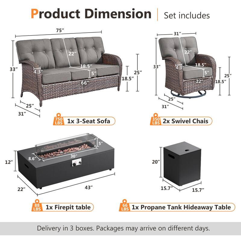 Pocassy 43-In Fire Pit w/ Outdoor Sofa Swivel Chair Ottoman Set