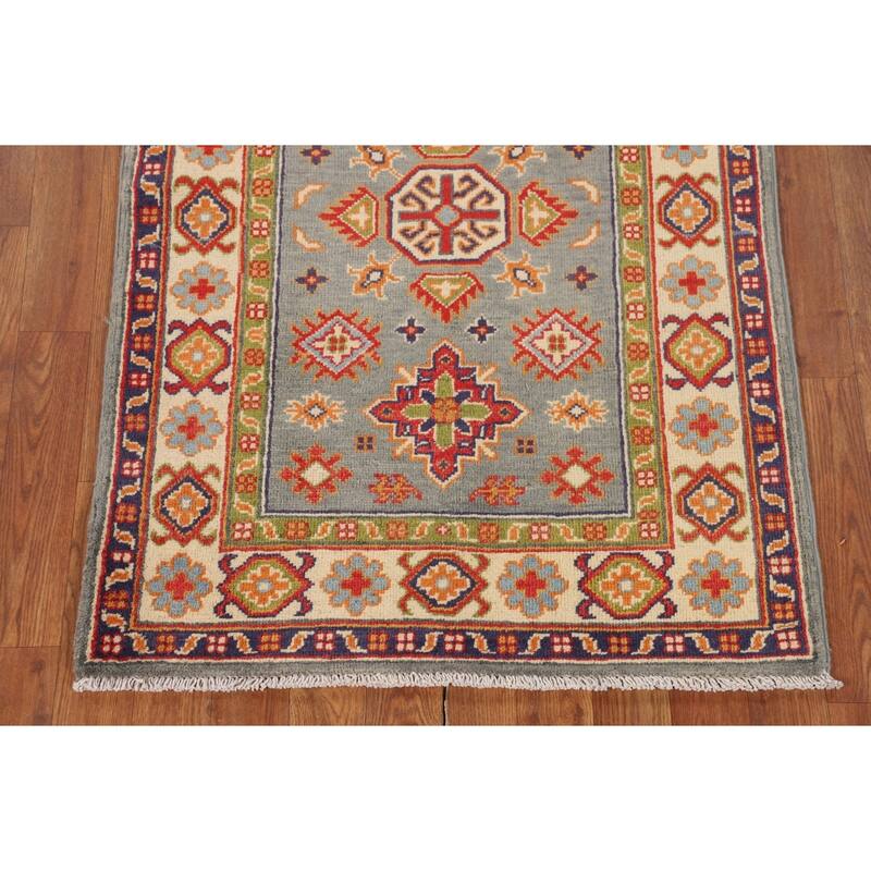 Geometric Kazak Accent Rug Hand-Knotted Grey Wool Carpet - 2'8" x 4'1"