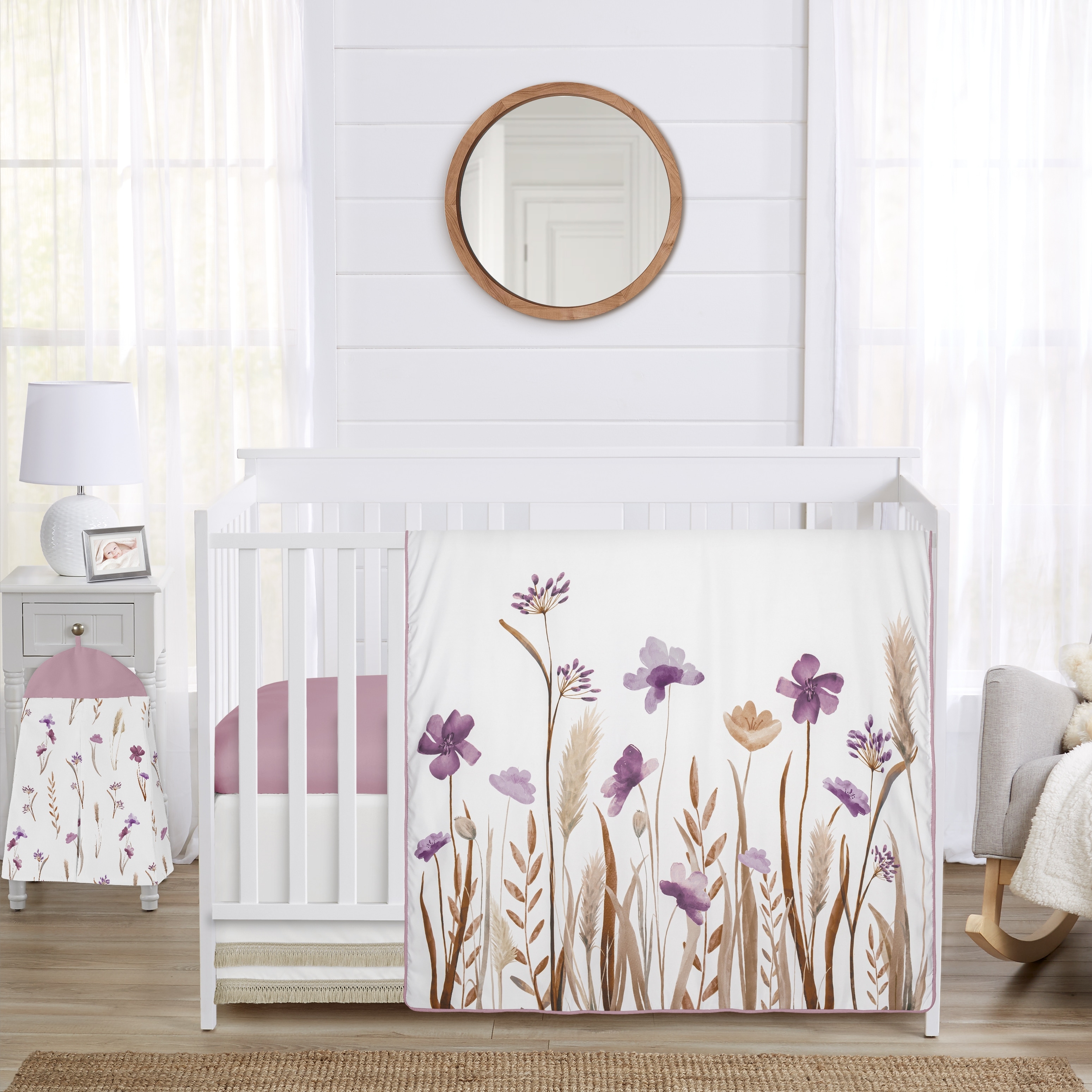 Sweet Jojo Designs Boho Floral Garden Flower Girl 4p Nursery Crib Bedding Set Purple Watercolor Bohemian Farmhouse Shabby Fringe