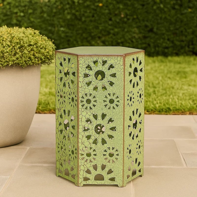 Liana Outdoor Side Table, Hexagonal 12 Inch, Sunburst Cut Out, Green