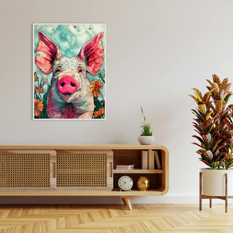 Pig in Flowers by Justyna Jaszke Framed Canvas Wall Art