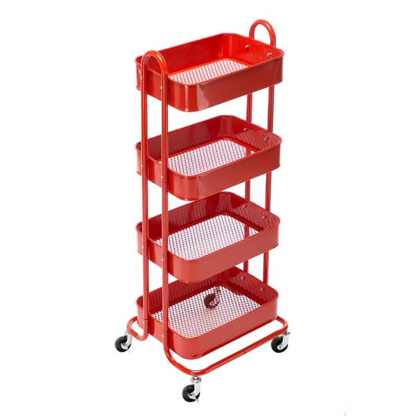 slide 2 of 53, 4-Tier Metal Utility Cart with Wheels Storage Shelves Organizer Trolley Cart RED