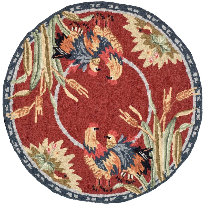 SAFAVIEH Handmade Chelsea Yauheniya French Country Rooster Wool Rug - 8' Round - Burgundy