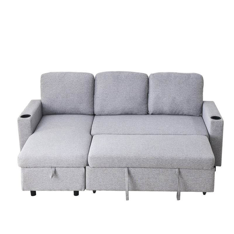 78.5" Linen L-Shaped Convertible Sofa Bed with Pull-Out Sleeper, Reversible Design & Storage Ottoman